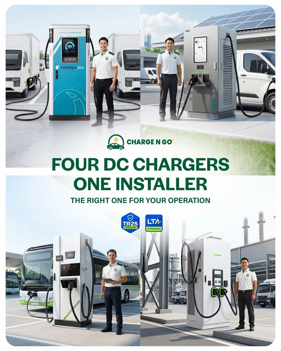 Charge N Go campaign artwork showing four DC fast chargers side by side — a Gresgying unit in Inchcape livery, a NEG Power cabinet, a HiCi depot charger and a fourth industrial DC cabinet — under the line Four DC chargers, one installer, with TR25-compliant and LTA-approved badges.