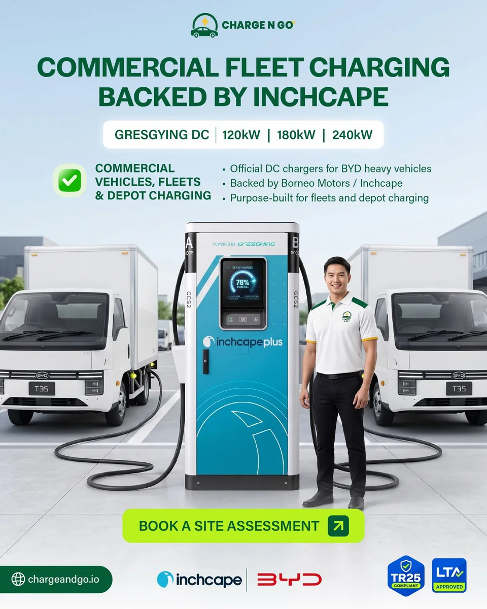 Charge N Go campaign artwork for Gresgying DC: a Gresgying fast charger in Inchcape Plus livery between two BYD box lorries, listing 120kW, 180kW and 240kW options, with Inchcape and BYD marks beneath.