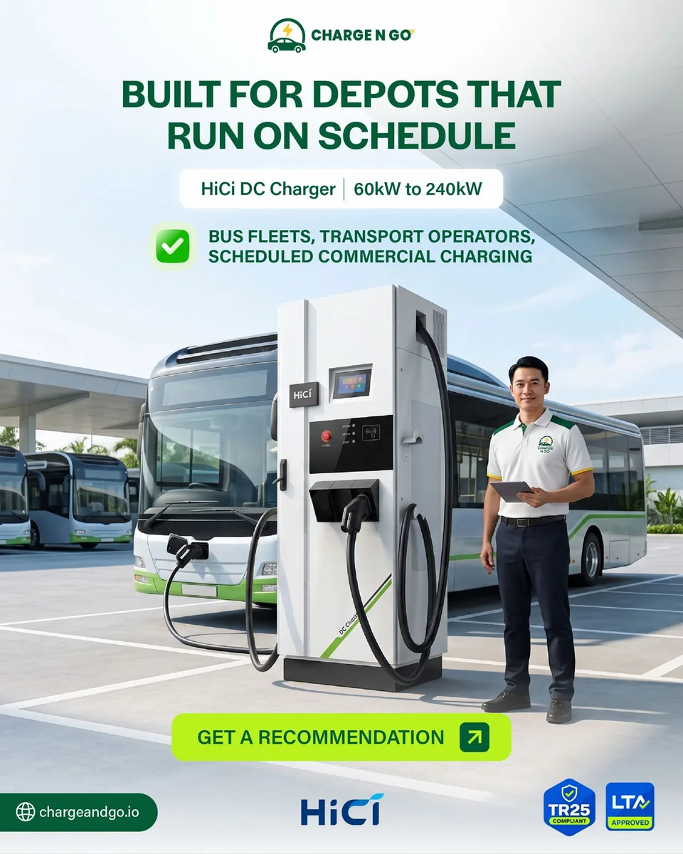 Charge N Go campaign artwork for HiCi DC: a HiCi DC fast charger on a bus depot apron with buses behind it and a Charge N Go engineer alongside, over the line Built for depots that run on schedule.