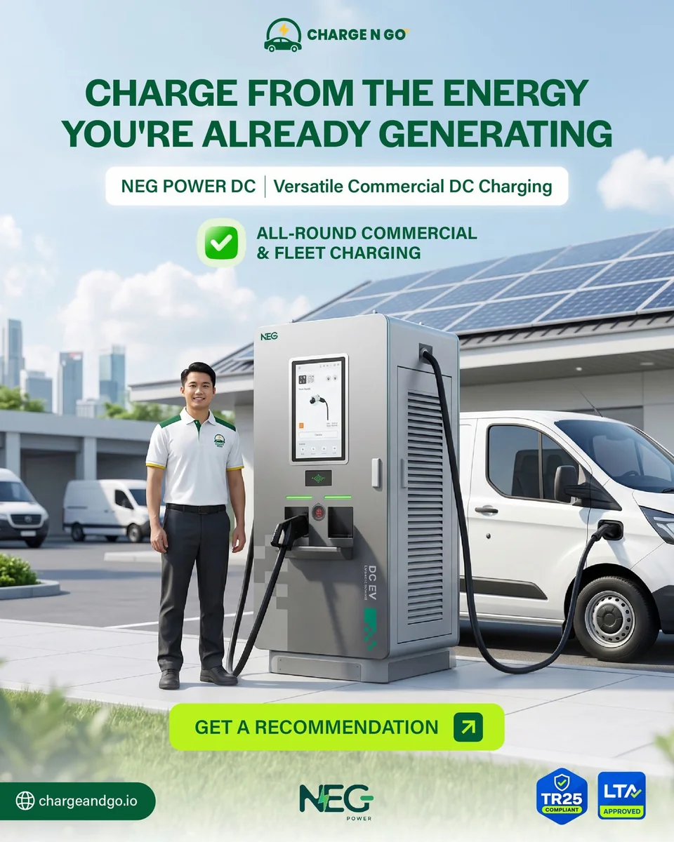 Charge N Go campaign artwork for NEG Power DC: a NEG Power DC cabinet charging a white van at a commercial yard with rooftop solar panels behind it, over the line Charge from the energy you're already generating.