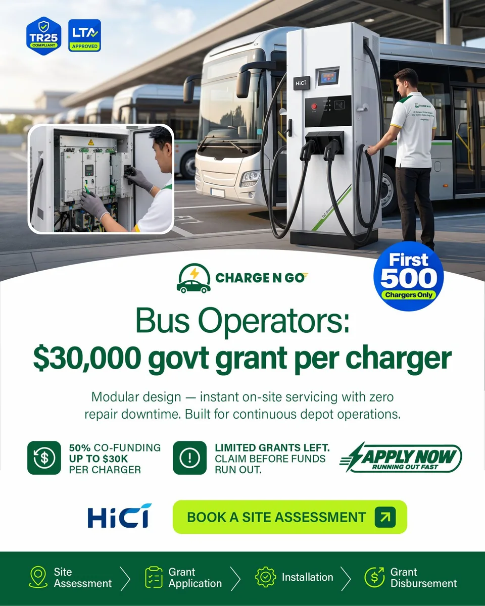 Charge N Go campaign artwork for bus operators: a HiCi DC charger at a bus depot with a technician working in an open cabinet, over the words $30,000 government grant per charger, 50% co-funding up to $30K per charger, first 500 chargers only.