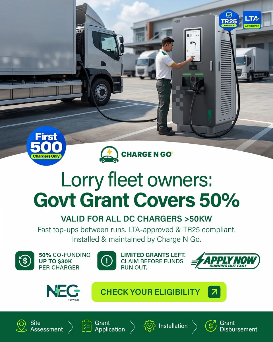 Charge N Go campaign artwork for lorry fleet owners: a NEG Power DC charger beside a box lorry, over the words government grant covers 50%, valid for all DC chargers above 50kW, 50% co-funding up to $30K per charger.