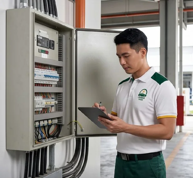 A Charge N Go surveyor at an open distribution board, tablet in hand, reading the incoming supply and the spare ways on the board.