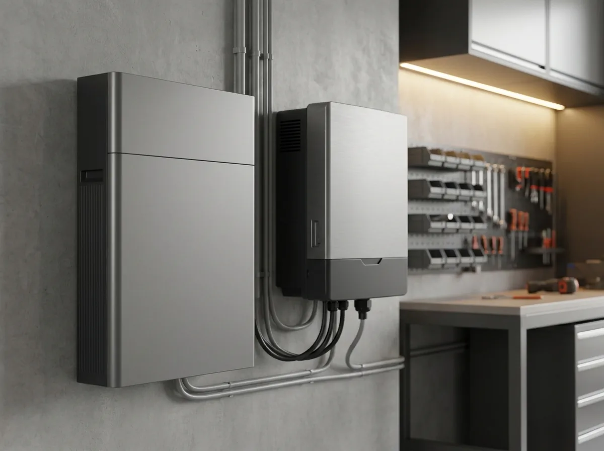 A wall-mounted home battery storage unit next to a solar inverter