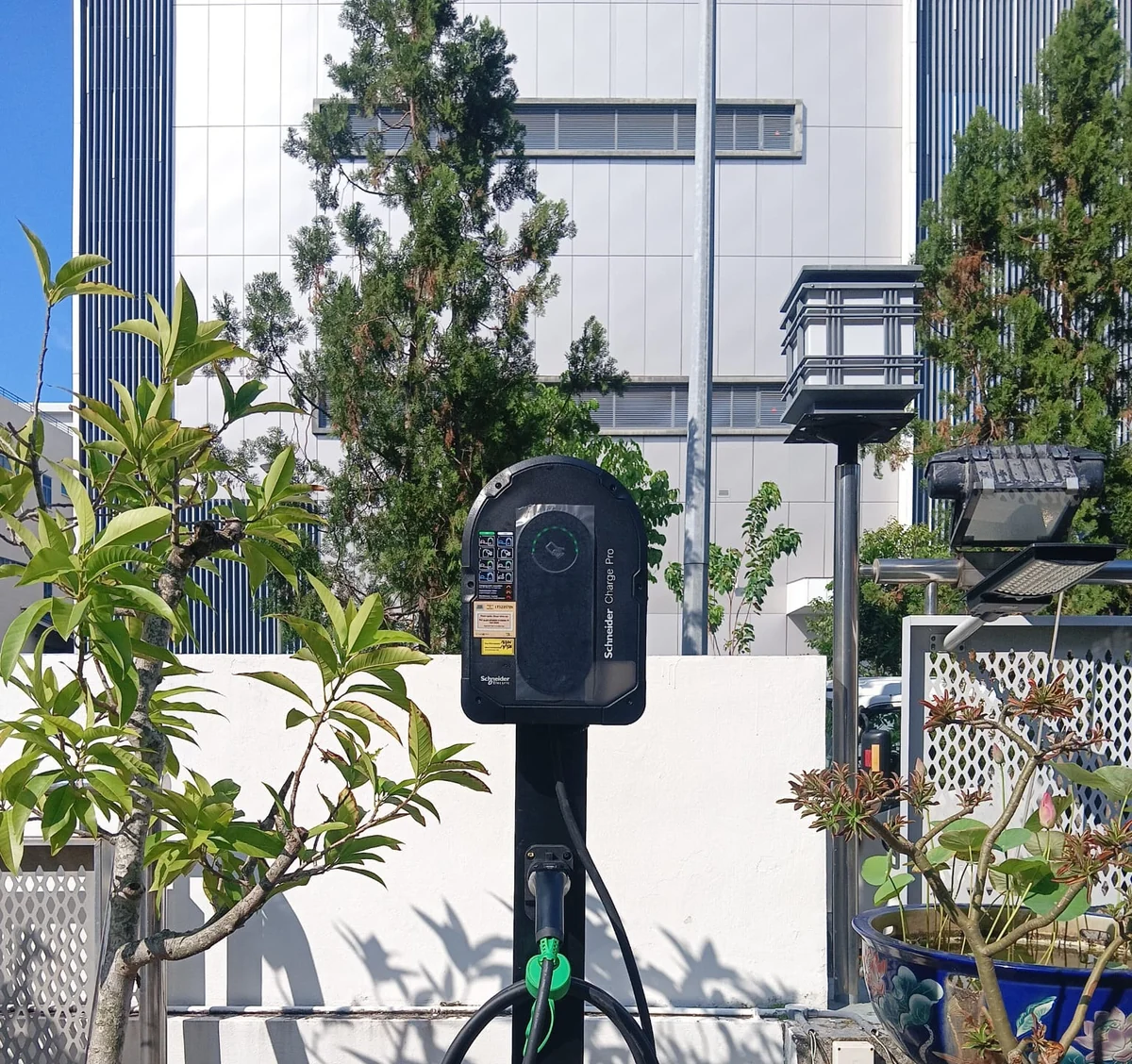 A black Schneider Charge Pro on a black standalone post set among shrubs, with a glazed commercial building and trees behind.